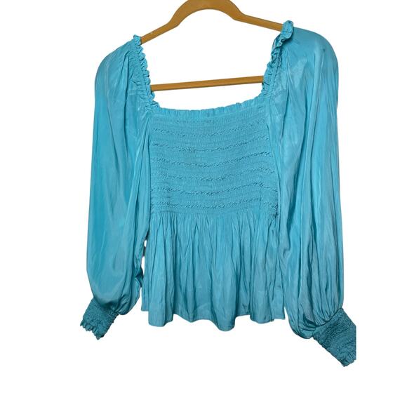 Boston Proper Isabela Smocked Peplum Drama Sleeve Blue Blouse Size XS (2-4) - Picture 4 of 6